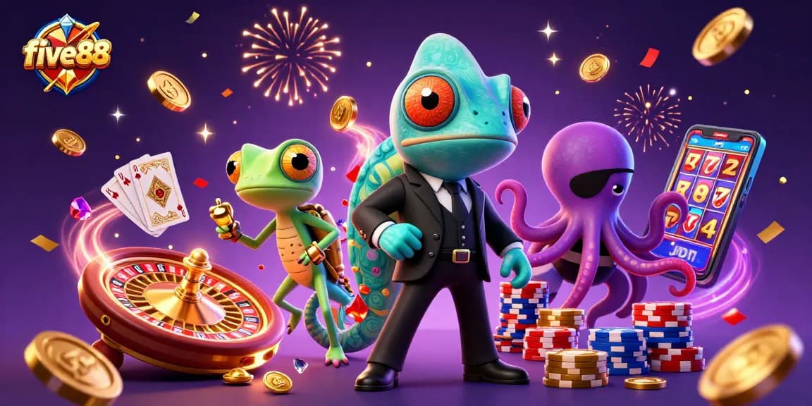 Experience five 88 action with secret agent chameleon, tech-savvy gecko, and villainous octopus in a thrilling casino scene.