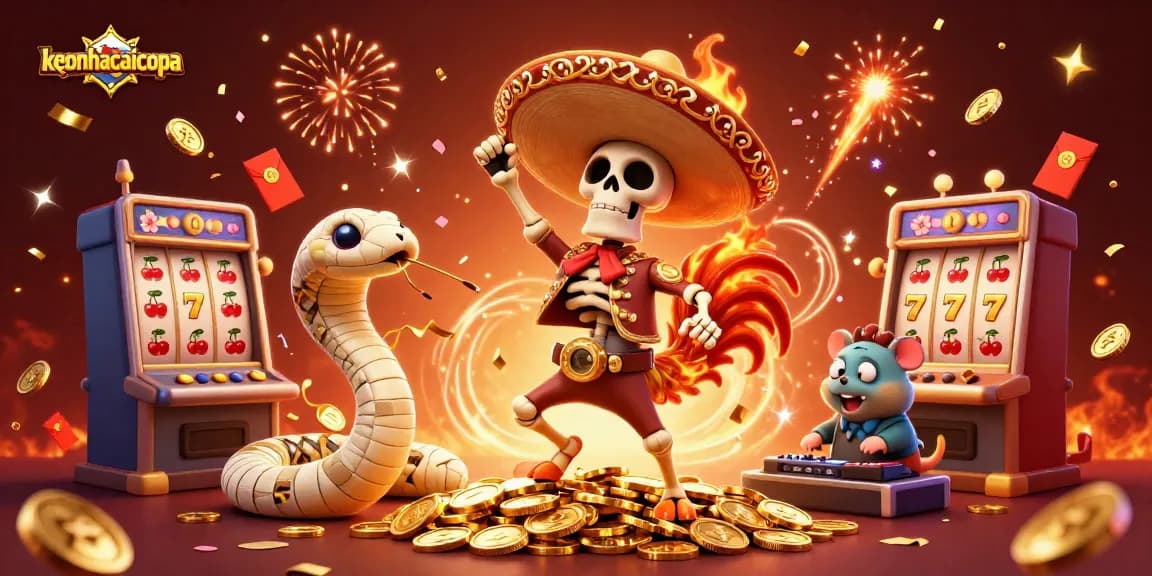Enter the excitement with keonhacaicopa’s vibrant casino scene featuring dynamic slot machines and festive characters.