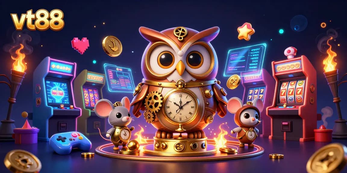 Experience thrilling gaming adventures with vt88's steampunk owl in a vibrant casino scene.