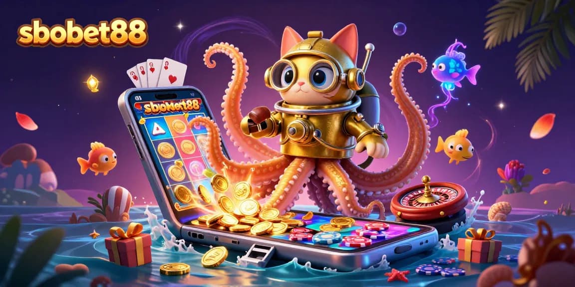 Sbobet88 dive into excitement with a kraken, diving cat, and dynamic casino elements.