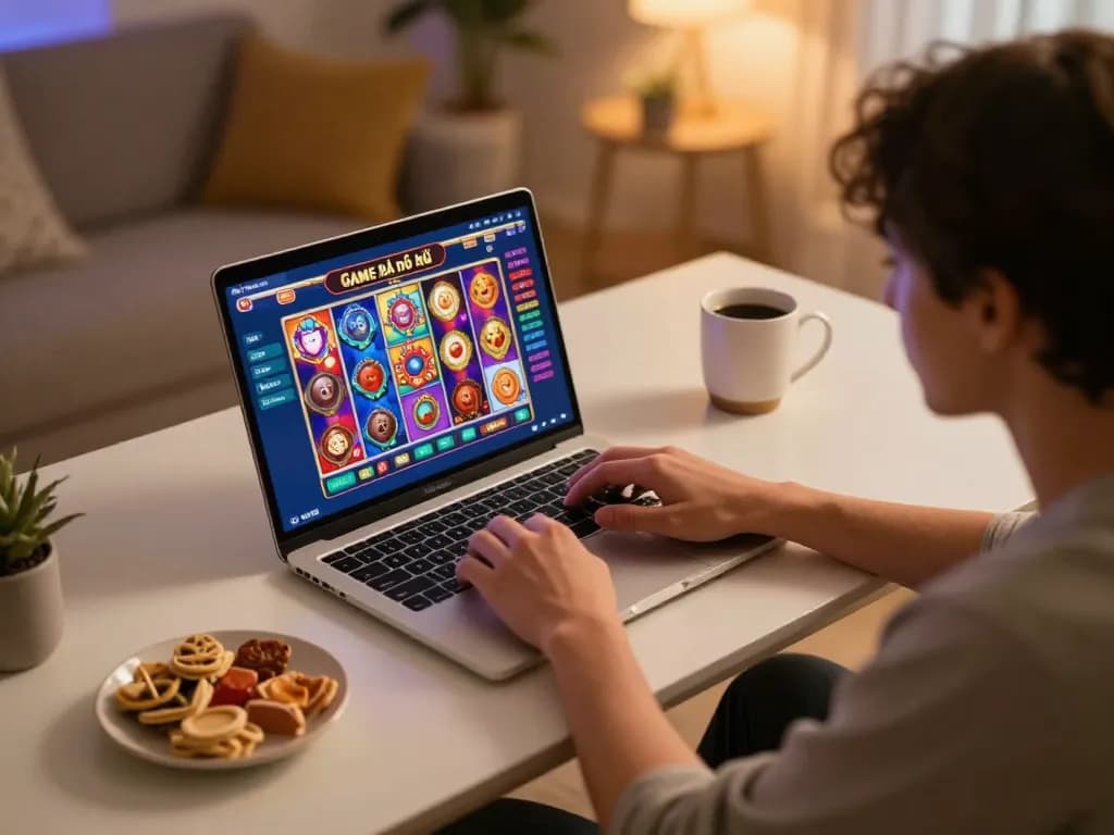Engaging in Game bài nổ hũ on a laptop at home, showcasing online gambling atmosphere and strategic play.