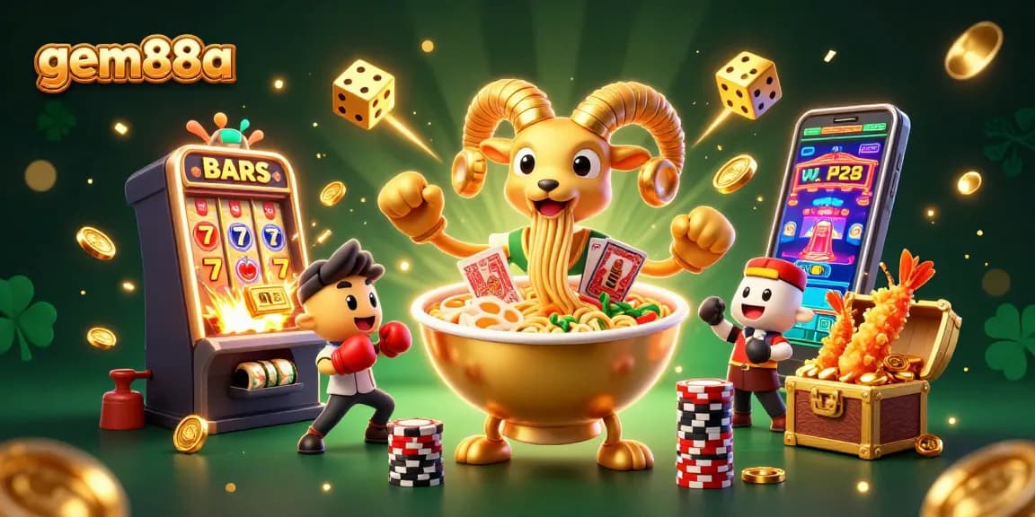 Join the excitement at gem88a with a vibrant 3D illustration of a golden ramen bowl dealer and iconic casino elements bursting with rewards.