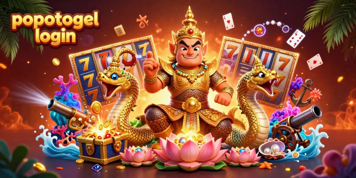 Experience the thrill of popotogel login with an exciting casino illustration featuring vibrant slot and treasure elements.