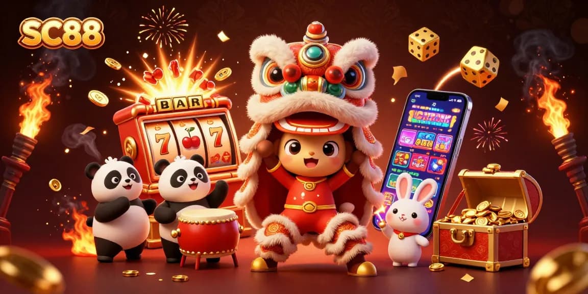 SC88 jackpot scene with a lion dance, drumming panda, and exciting game elements.