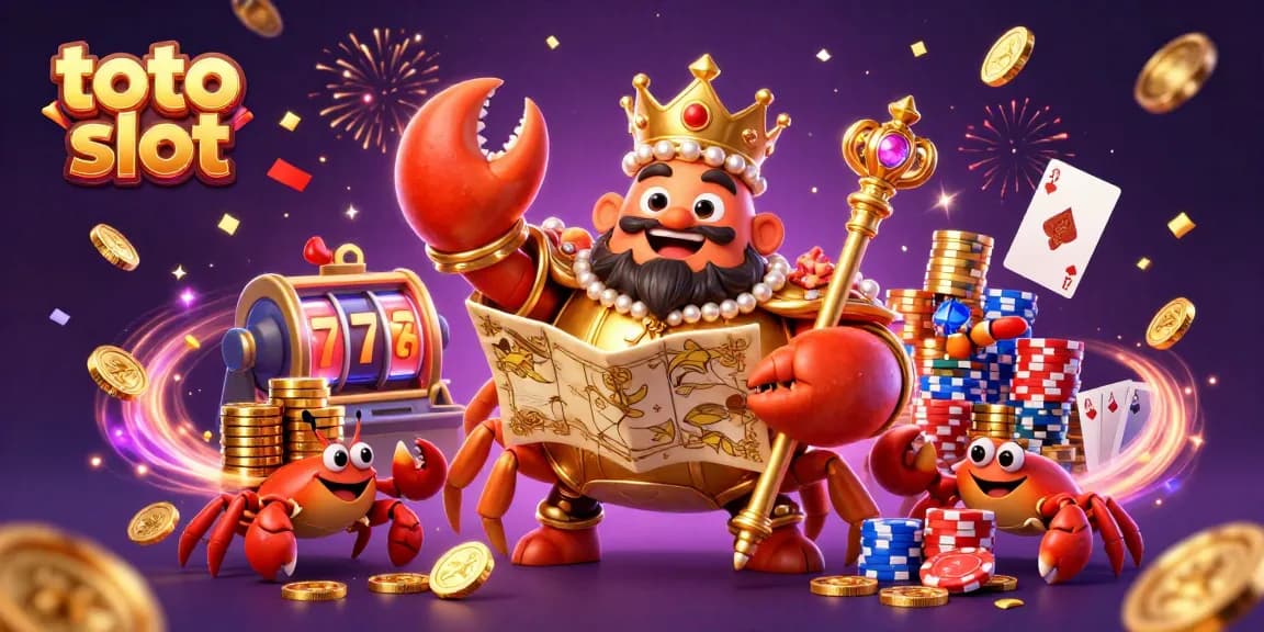 Spin the toto slot reels with golden crab emperor amidst vibrant casino elements.