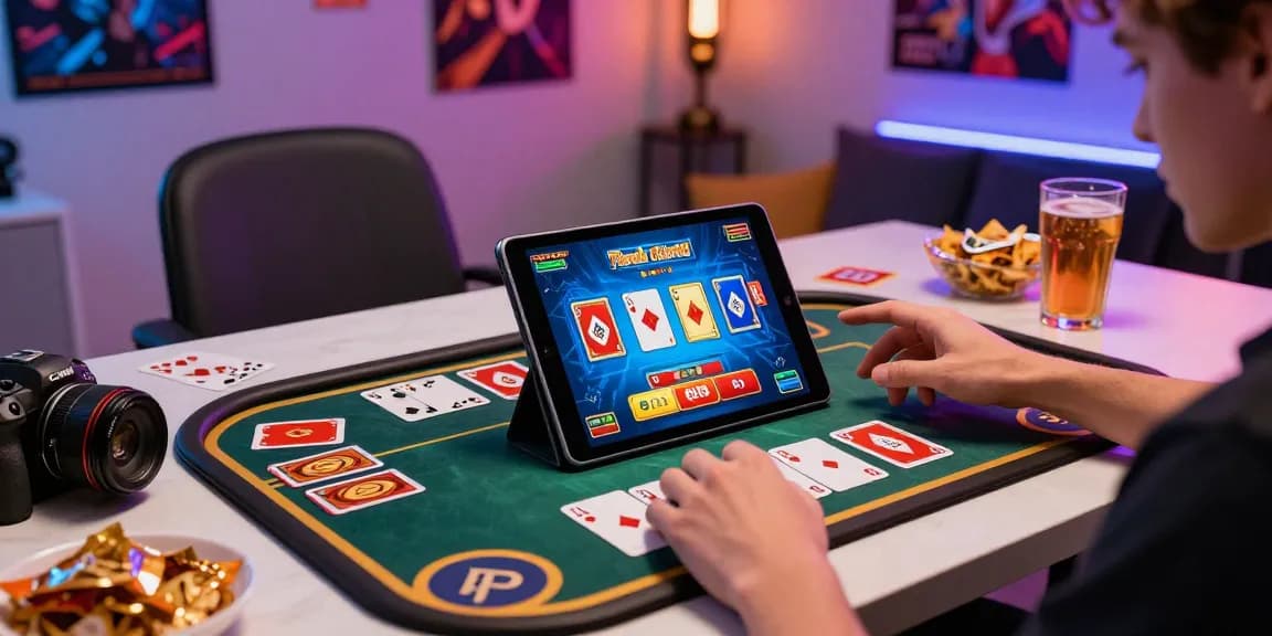 Engaging player immersed in earning games on tablet with vibrant graphics.
