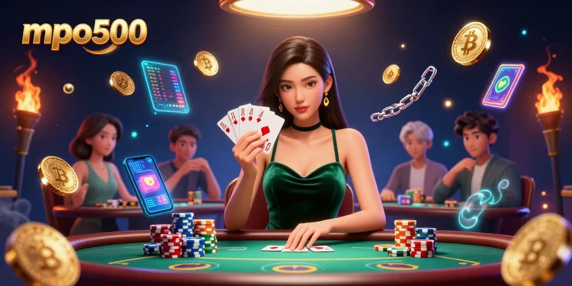 Play poker and win big at mpo500 with a glamorous Asian woman holding winning cards at a luxury table.