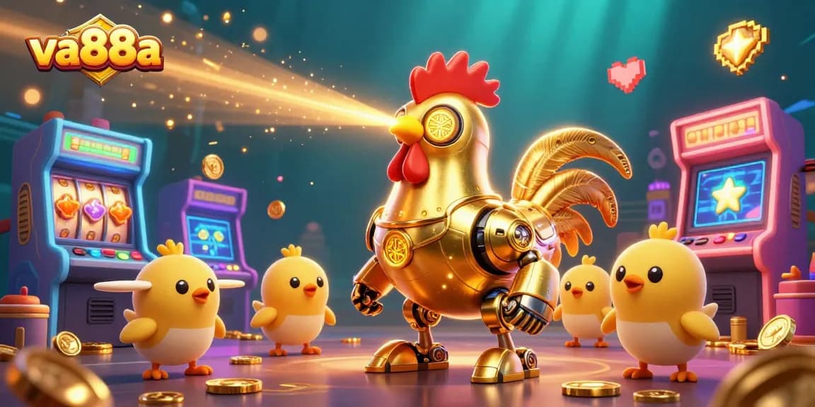 Watch the golden rooster robot and baby chick drones navigate va88a's colorful casino in this vibrant illustration.
