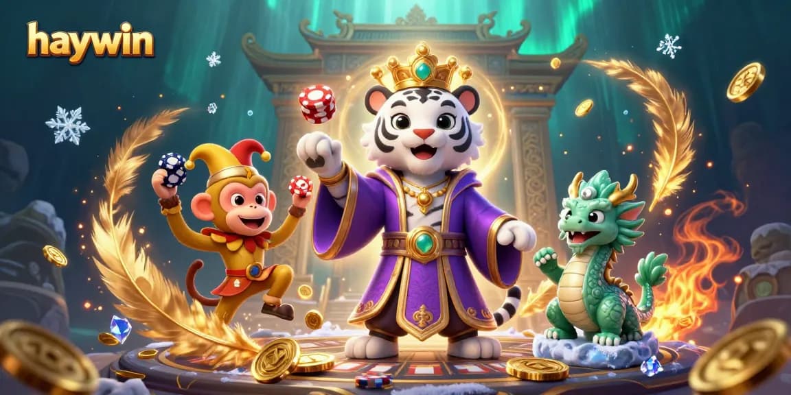 Experience the excitement at haywin with a vibrant casino scene featuring a royal tiger, playful monkey, and vibrant game elements.