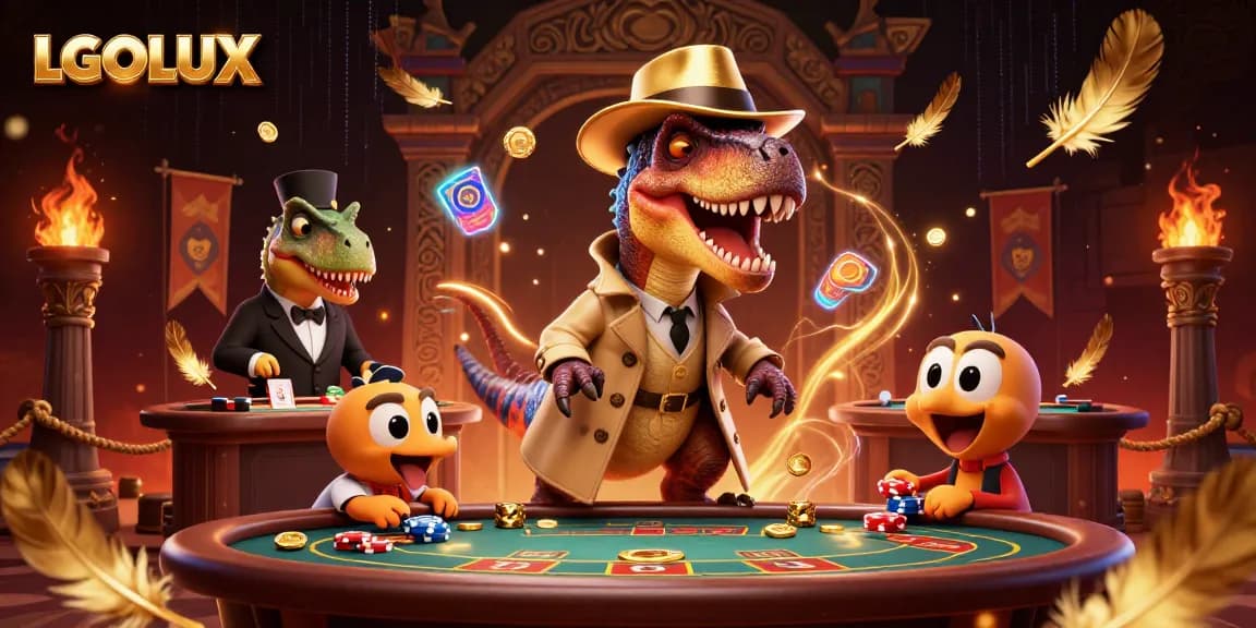 Experience thrilling gameplay at LGOLUX with a velociraptor card counter at a blackjack table.