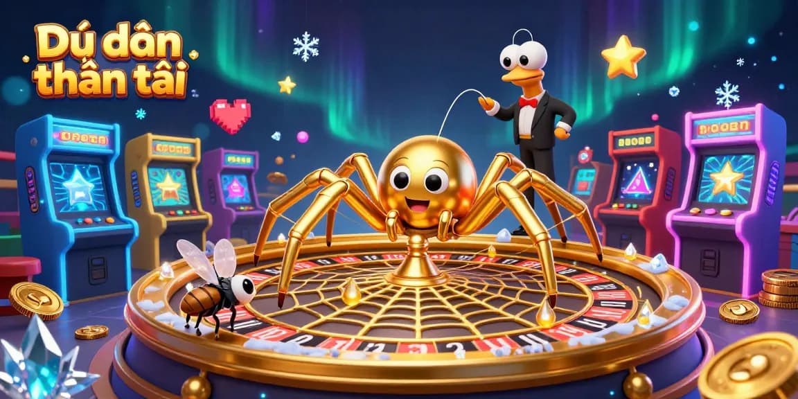 Engage in Dự đoán thần tài as a golden spider spins a roulette wheel web surrounded by betting elements.