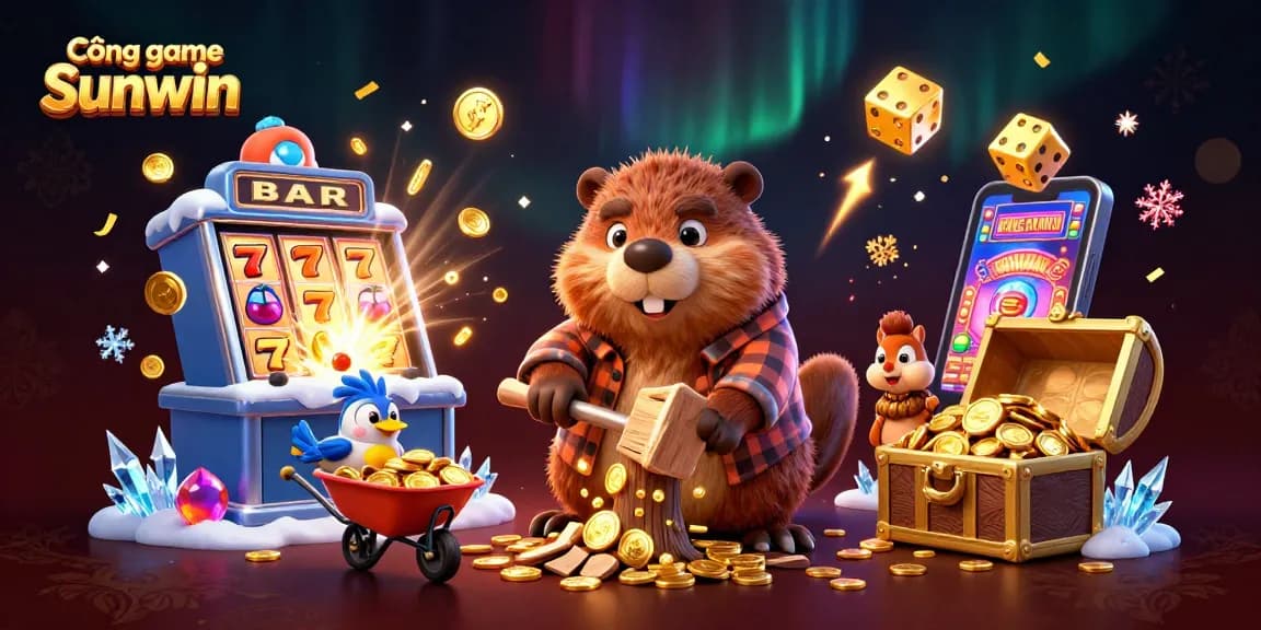Experience the thrill of Cổng game Sunwin with vibrant gaming elements and jackpot symbols surrounding playful characters.