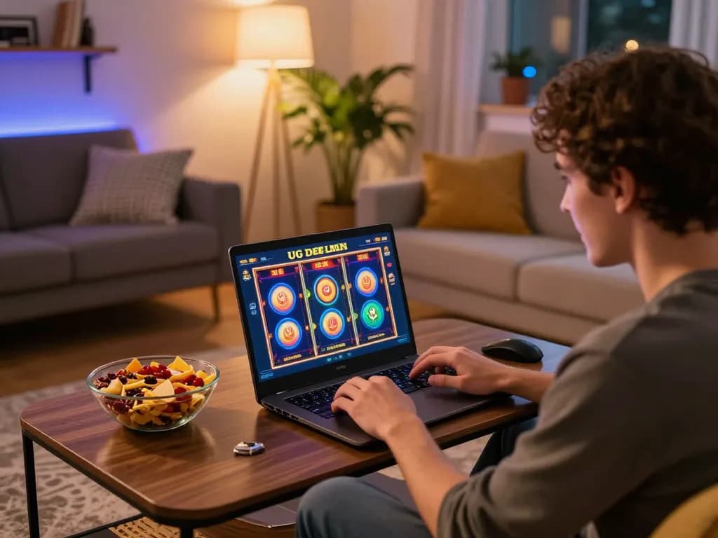Engaging in online slot gameplay on UG DEWA with snacks and warm lighting in a cozy living room.