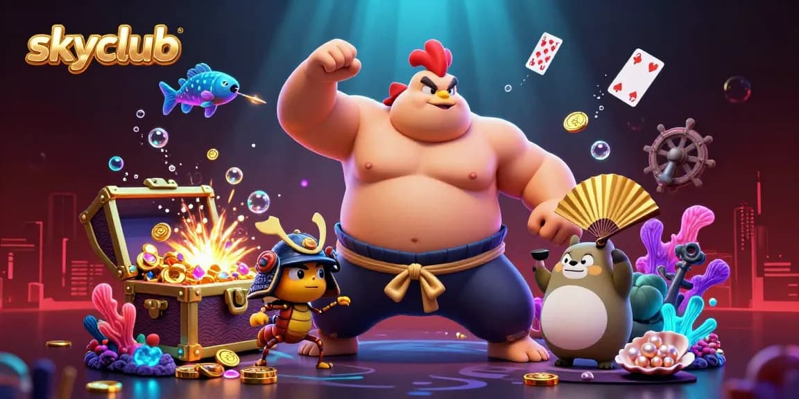Experience the thrilling underwater world of skyclub with our dynamic sumo wrestler and samurai cricket amidst treasure chests and colorful elements.
