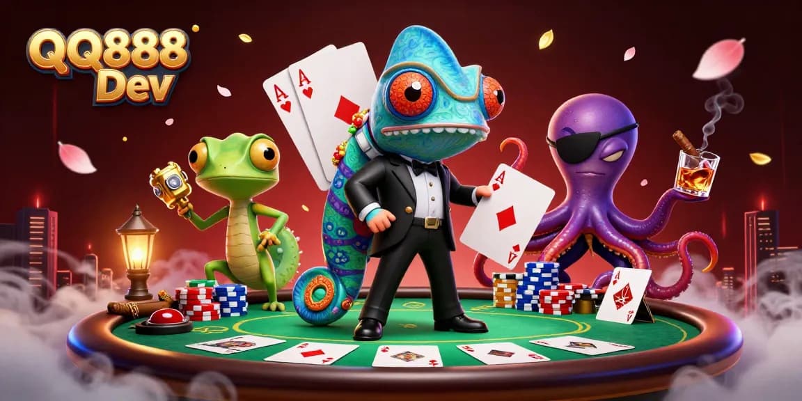 Engage with QQ888 Dev's rich casino experience showcasing a vibrant 3D scene of poker elements.