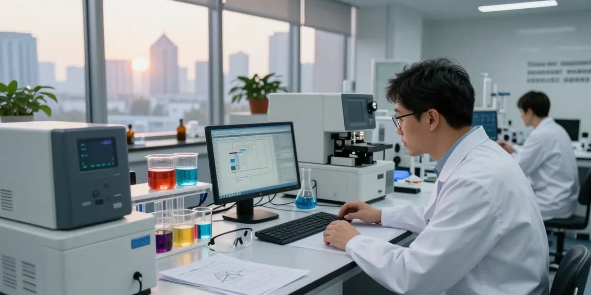 Scientist observing depo 5000 synthesis results in a vibrant laboratory at dawn.
