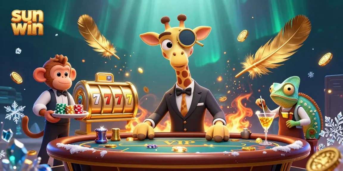 Engage with sun win’s thrilling slots through a vibrant casino illustration featuring a unique giraffe character.