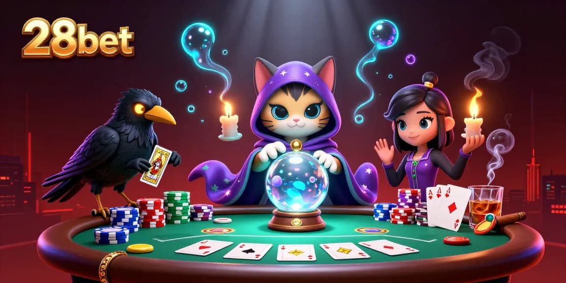 Experience thrilling gameplay at 28bet with a vibrant casino scene showcasing fortune teller mystic cat and poker excitement.