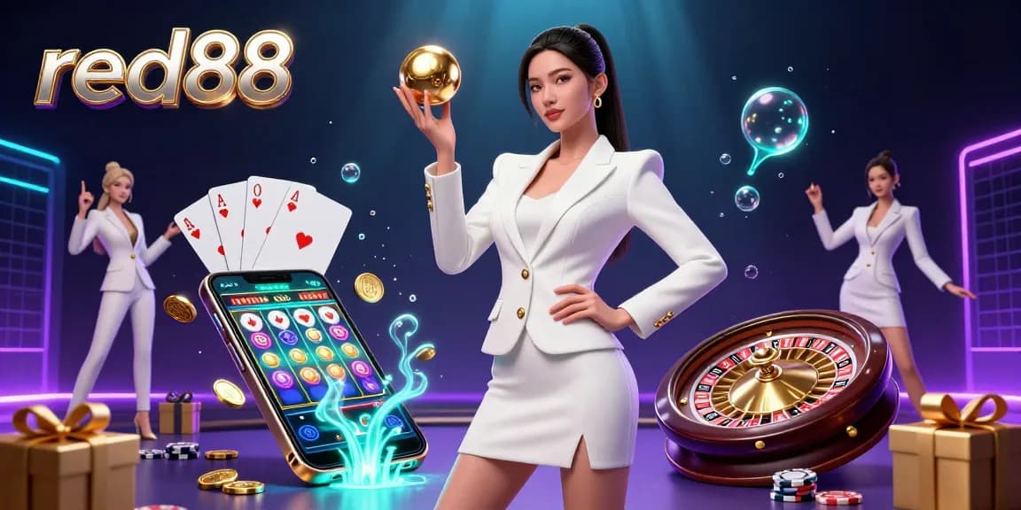 Win at red88 with a stunning illustration showcasing casino excitement, golden roulette ball, and gaming elements.
