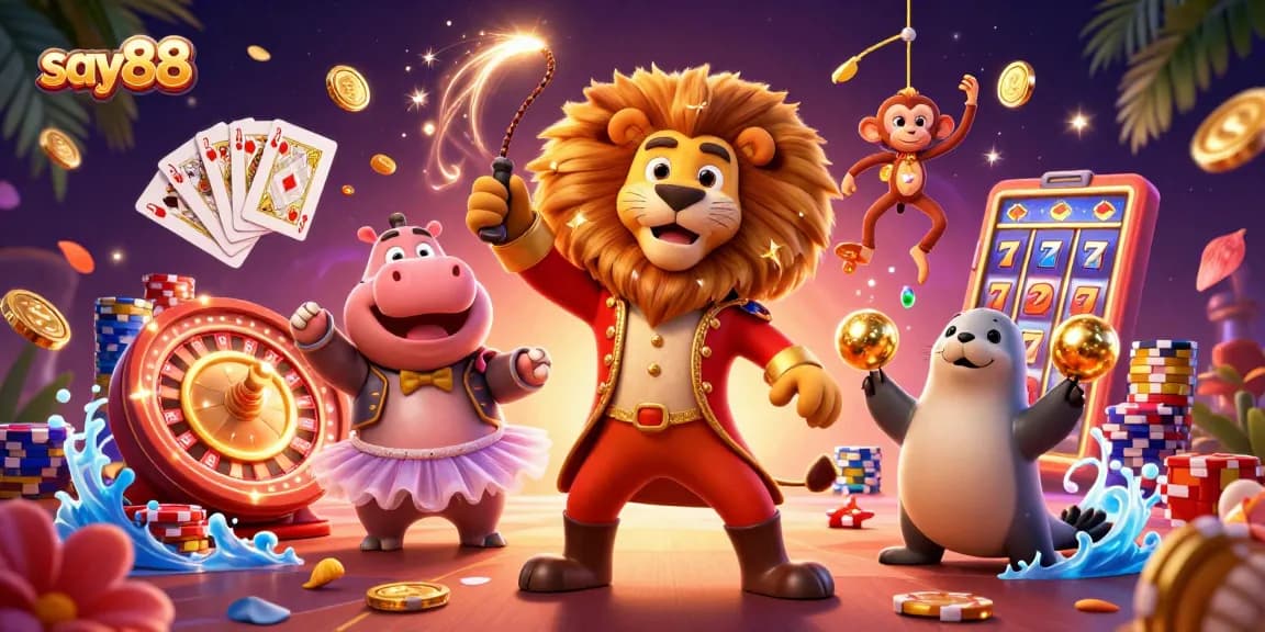 Experience engaging thrills at say88 with a 3D casino scene featuring a lively ringmaster lion and dazzling game elements.