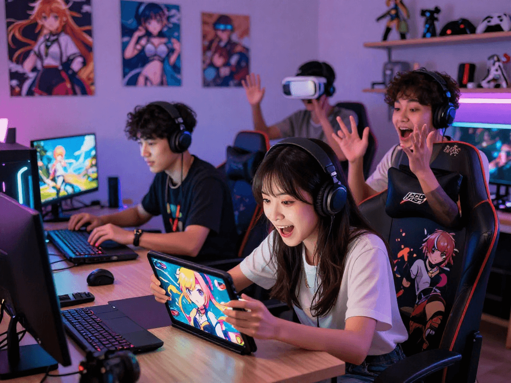 Gamers enjoying hentai games in a vibrant, colorful gaming room full of anime art and interactive setups.