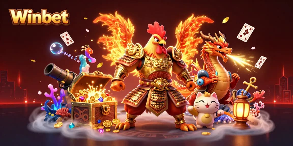 Experience thrilling gameplay at Winbet with a dynamic illustration of a rooster warrior, dragon, and fortune cat.