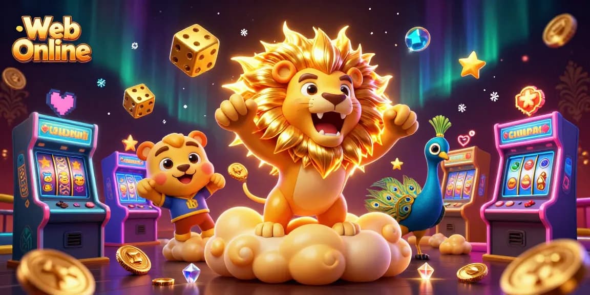 Engage with Web Online's thrilling slot machines and gaming adventures in a vibrant 3D artwork.