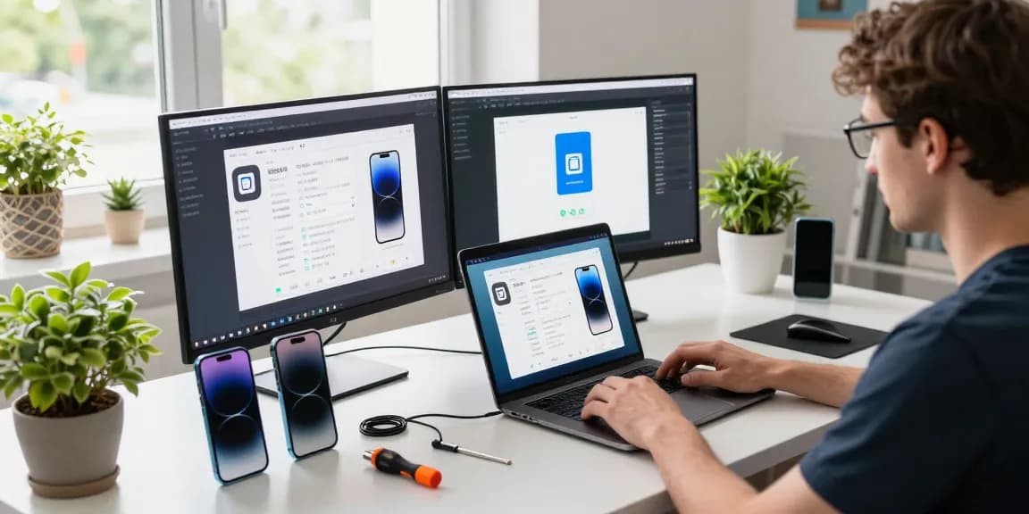 使用爱思助手进行iOS设备管理的开发者在现代化办公桌上工作，周围摆放着工具和设备，营造高效的技术环境。