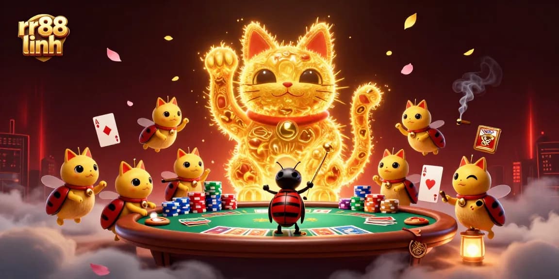 Spin and win with rr88 linh in this vibrant online casino scene featuring a lucky cat.