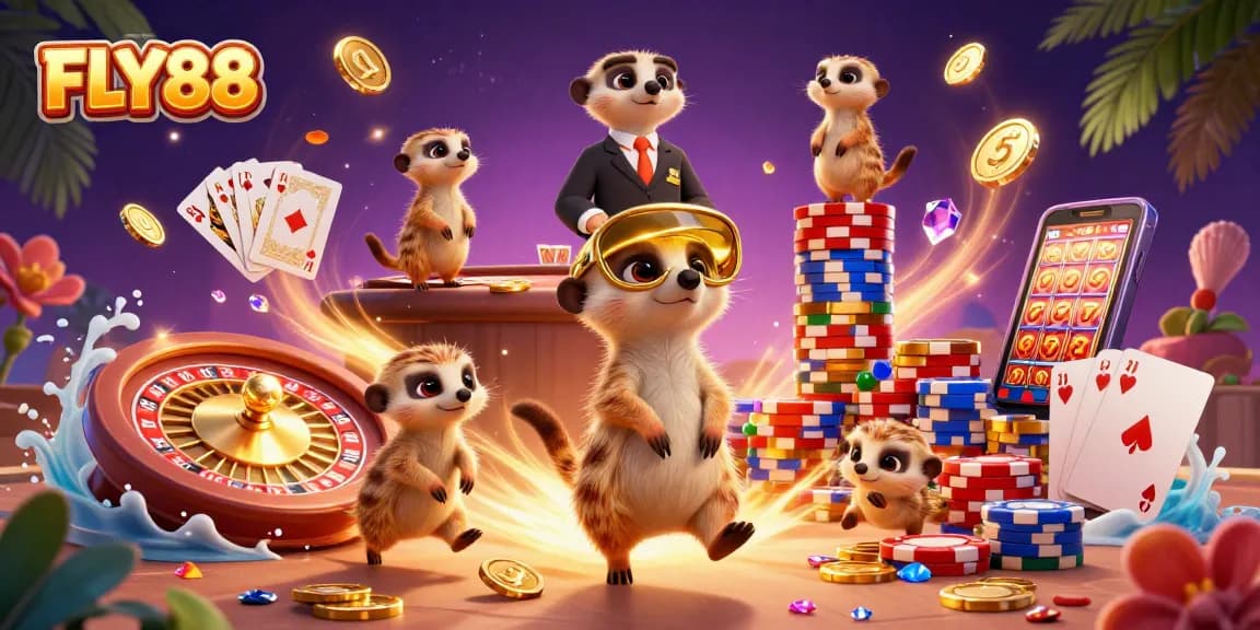 FLY88 showcases meerkats in a vibrant casino scene, managing games amidst golden coins and dynamic elements.