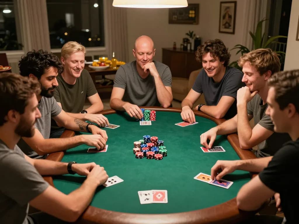 Players enjoying a home poker night strategizing on bets at 8kbet8 table with vibrant chips and cards