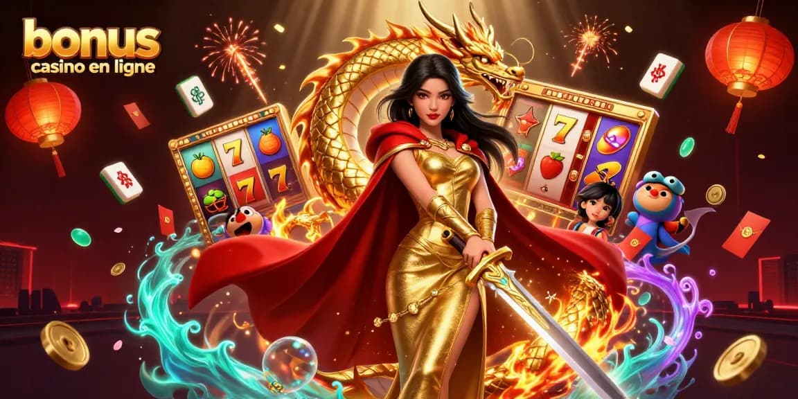 Play slots with thrilling bonus casino en ligne offers, featuring a warrior queen and golden dragon.