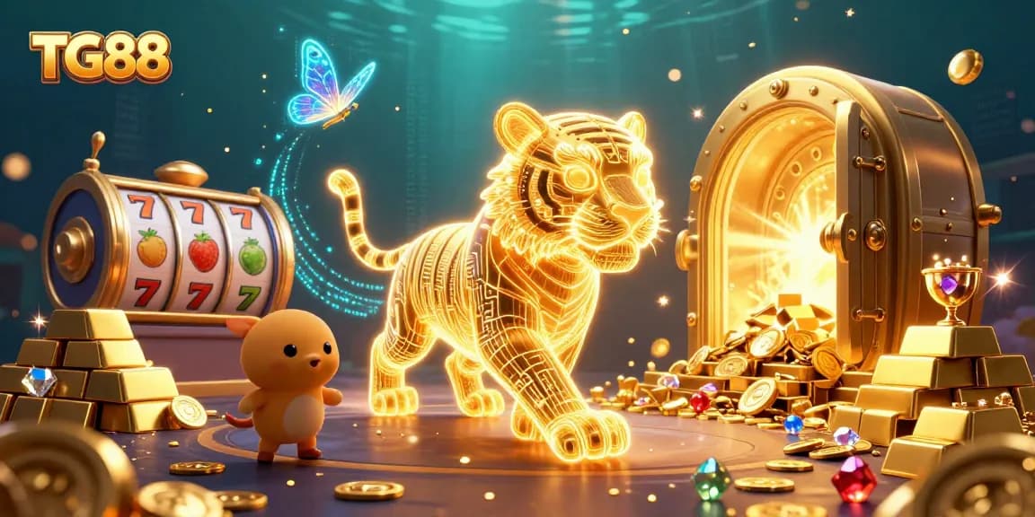 Engage with TG88’s vibrant digital casino featuring a neon golden tiger amid slot reels and treasure.