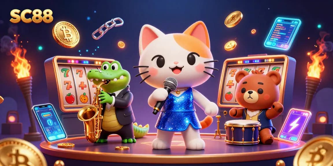 Experience thrilling gameplay at SC88 with a lively 3D casino illustration showcasing slot reels and fun characters.