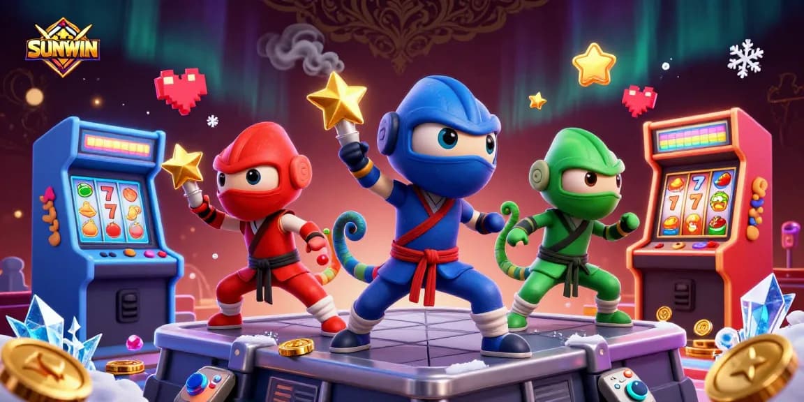 SUNWIN offers a vibrant casino experience with chameleon ninjas fighting amidst shining slot games and colorful casino graphics.