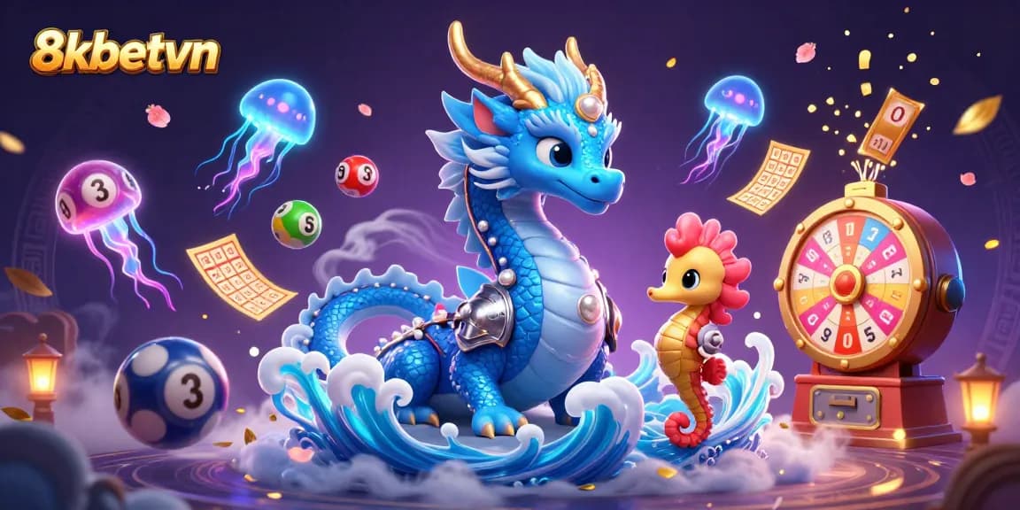Immerse in 8kbetvn casino excitement with colorful lottery elements and a mystical underwater scene.