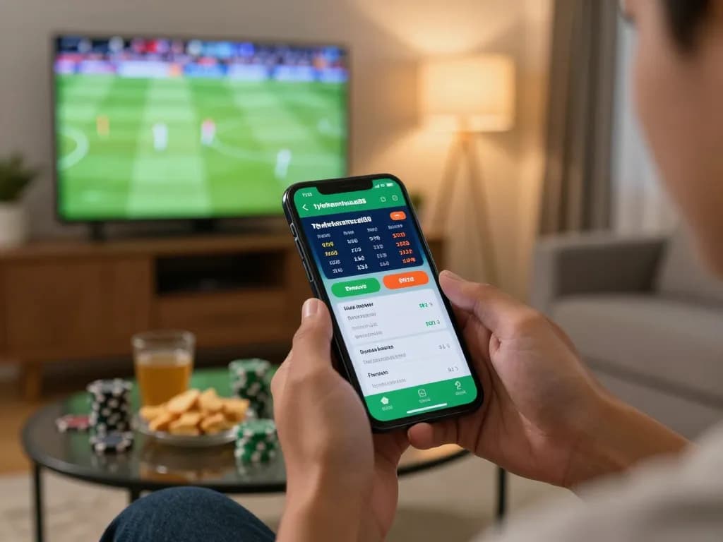 Engaging with the tylekeonhacai88 betting app during a live sports event in a cozy home.