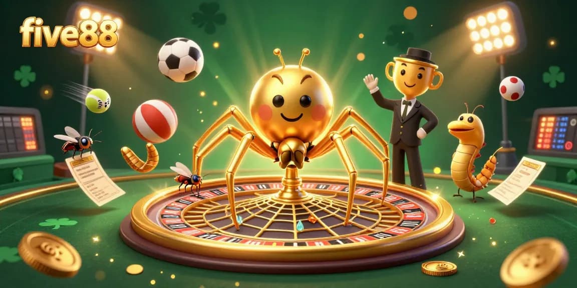 Bet on five88's thrilling action as a golden spider weaves a roulette wheel web with a nervous fly.