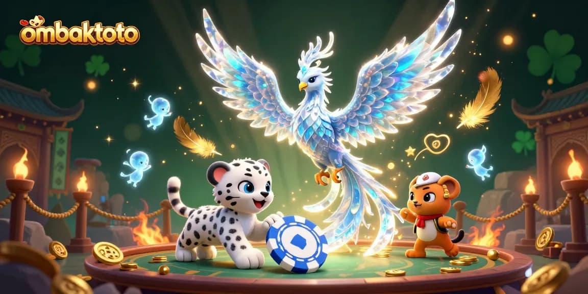 Win big with ombaktoto in this vibrant 3D casino scene featuring magical creatures.