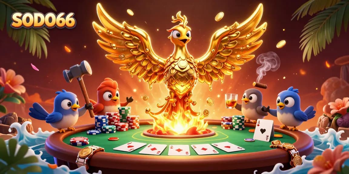 SODO66 showcases an energetic 3D scene with a molten golden phoenix and poker elements, inviting players to win big.