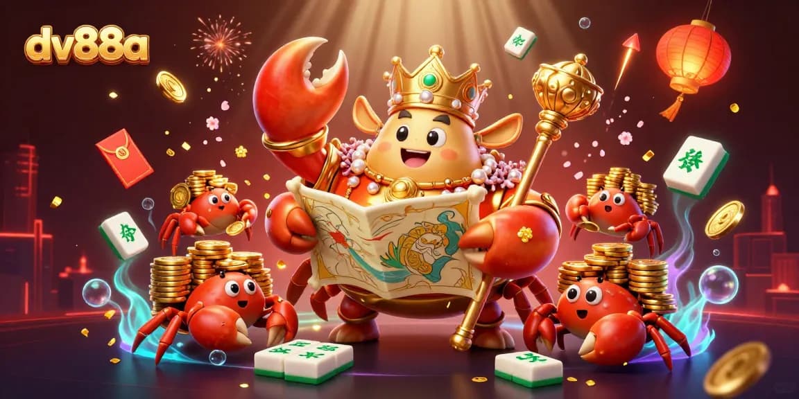 Experience the allure of dv88a with a majestic golden crab emperor amidst vibrant casino elements.