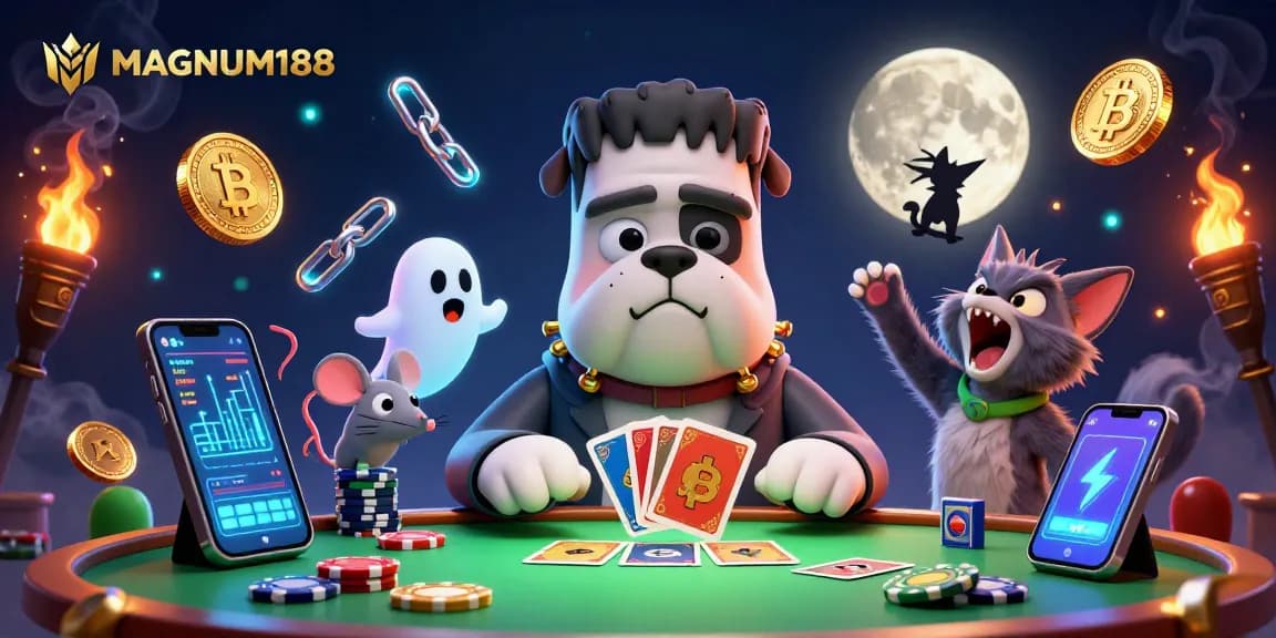 Experience thrilling card play with MAGNUM188 featuring a 3D bulldog dealer and ghostly elements.