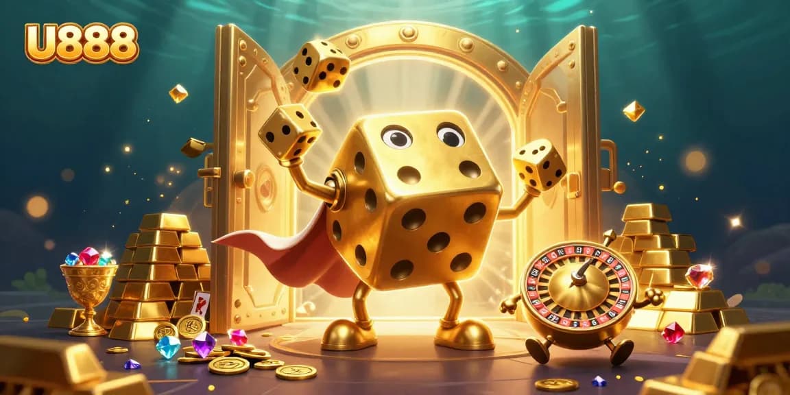 Experience the thrill of U888 with a dynamic gambling scene featuring golden dice and treasures.