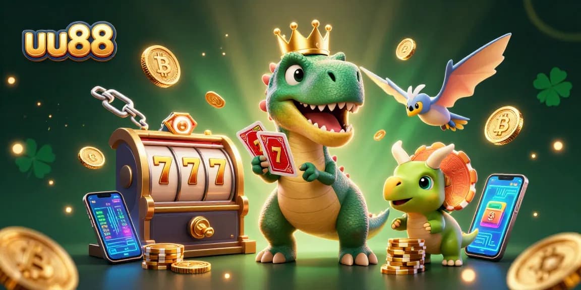 Win big with uu88 at this vibrant casino scene featuring T-Rex and friends!