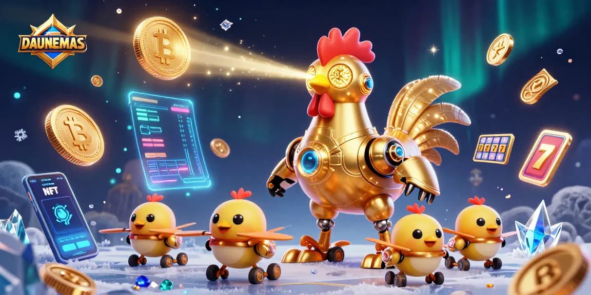 Unleash your luck with DAUNEMAS as golden rooster robot character engages in thrilling casino action!