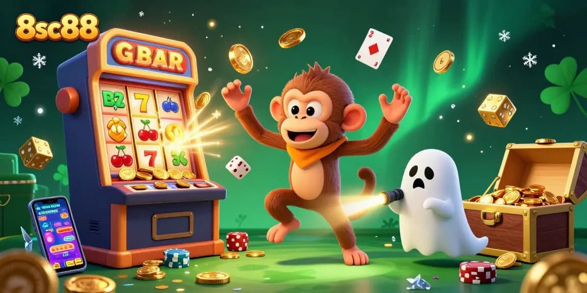 Experience the thrill of winning at 8sc88's lively casino, featuring a playful poltergeist monkey and a curious pup.