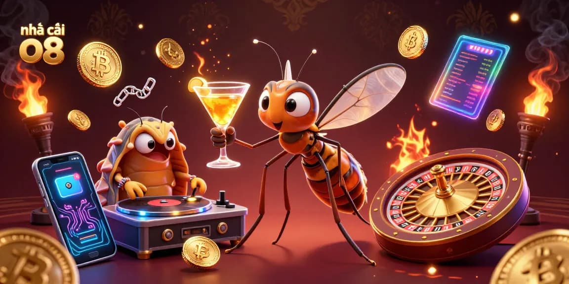 Join the thrilling action at nhà cái o8 with a 3D casino scene showcasing vibrant game elements.