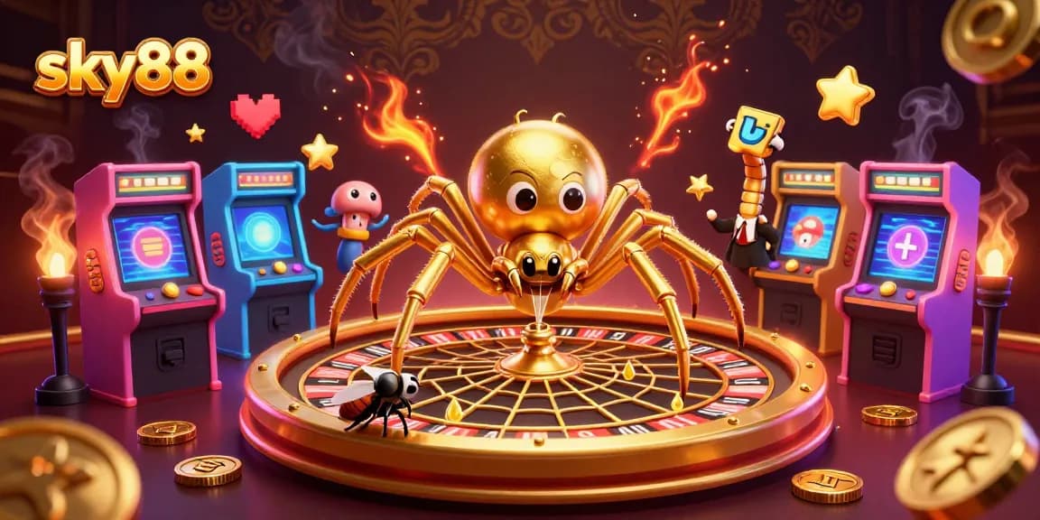 Engage in thrilling bets at sky88 with a vibrant casino-inspired illustration showing a golden spider and exciting game elements.