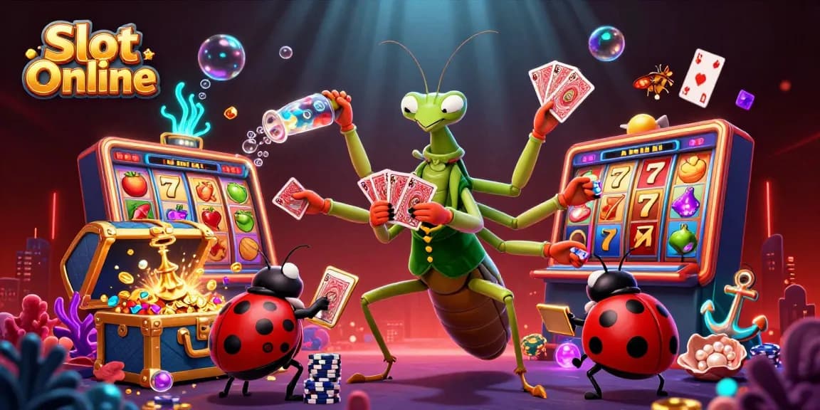 Spin the reels with engaging Slot Online features amid vibrant casino imagery and dynamic characters.