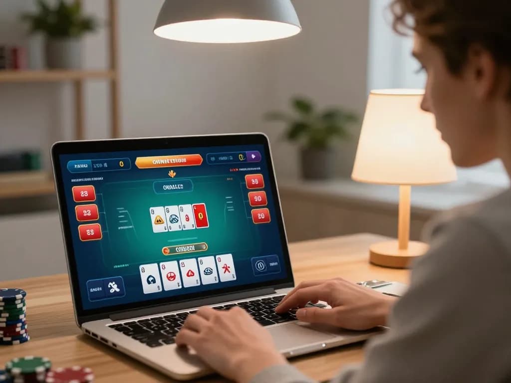 Player engaging with GG88 online blackjack game on a laptop in a cozy home office setting.
